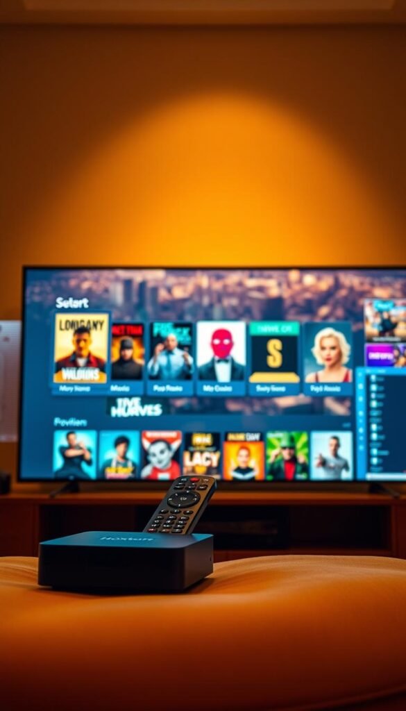 A sleek and modern user interface for a Hoxtoon Provider IPTV subscription service. In the foreground, a high-resolution smart TV screen displays a curated selection of on-demand movies and TV shows, while the middle ground features a stylized remote control and a compact set-top box. The background showcases a vibrant cityscape, hinting at the vast global reach and content library of the Hoxtoon IPTV platform. The lighting is warm and inviting, creating a cozy and immersive viewing experience. The overall composition conveys the convenience, entertainment, and accessibility of the Hoxtoon IPTV service.