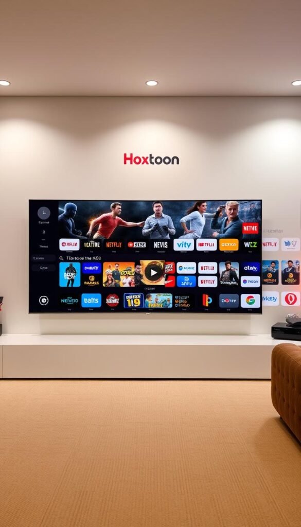 A sleek and modern user interface for the Hoxtoon IPTV provider, showcasing a clean layout with a grid of channel logos against a muted background. The foreground features a prominent search bar and intuitive navigation menus, allowing users to effortlessly browse and select from the vast 21,000+ channel library. The middle ground displays a selection of featured content and genres, while the background subtly incorporates the Hoxtoon brand identity through subtle accents and design elements. The lighting is soft and evenly distributed, creating a comfortable and inviting atmosphere for the user to explore the extensive entertainment options available through the Hoxtoon IPTV service.