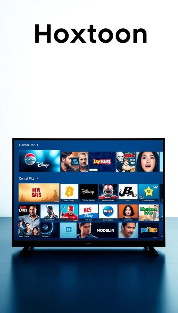 A sleek and modern user interface for the Hoxtoon IPTV service, showcasing a clean grid layout with sharply defined tiles displaying channel logos and titles. The foreground features a central focus on the main content area, with a streamlined menu bar and intuitive navigation controls along the top. The middle ground reveals an array of themed content categories, each with a distinct visual identity. In the background, a subtle gradient or blurred pattern creates a sense of depth and visual interest, complementing the brand's signature color palette. The lighting is soft and diffused, lending a premium, high-end aesthetic to the overall design. The camera angle captures a dynamic, user-centric perspective, inviting the viewer to imagine themselves interacting with the Hoxtoon IPTV user interface.