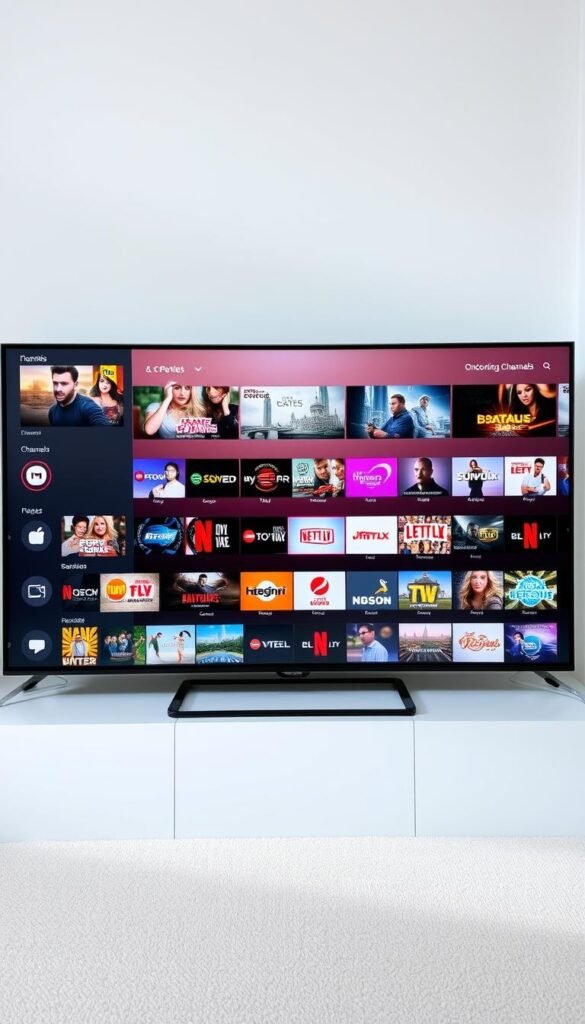 A sleek and modern user interface for the Hoxtoon Provider IPTV streaming service. The foreground features a clean, minimalist design with intuitive navigation menus and large, high-definition channel thumbnails. The middle ground showcases a variety of popular live TV channels and on-demand content, presented in an organized grid layout. The background subtly fades into a soft, neutral tone, creating a calm and focused viewing experience. Lighting is bright and natural, with a slightly cinematic tone. The overall atmosphere conveys a sense of ease and accessibility, inviting the user to effortlessly explore the extensive channel selection.