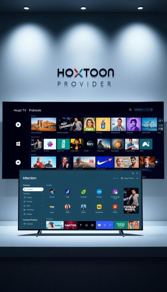 A sleek and modern user interface for the Hoxtoon Provider platform. The foreground showcases a clean and intuitive dashboard with neatly organized sections for accessing various features and settings. The middle ground features a visually appealing grid layout displaying a range of popular live TV channels and on-demand content. The background subtly displays the Hoxtoon logo, conveying a sense of brand identity. The overall design is characterized by a minimalist aesthetic, with a balance of cool tones and strategic use of negative space to create a visually striking and user-friendly experience. Soft, diffused lighting enhances the sophisticated and professional atmosphere.