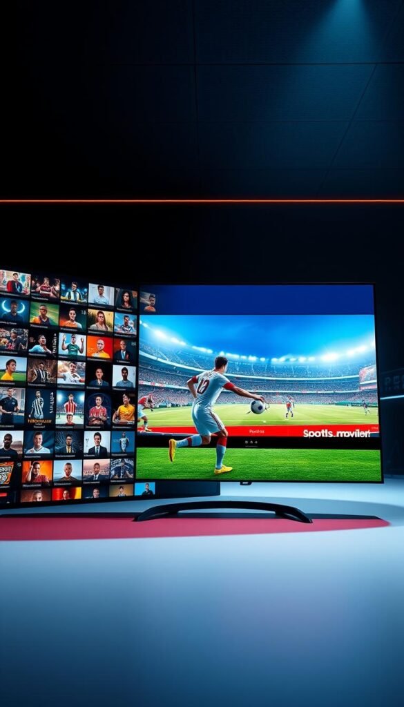 A sleek and modern user interface for the premium IPTV service "Hoxtoon Provider", prominently displaying a vast library of on-demand sports content. The foreground features a clean, minimalist design with a large grid of thumbnails showcasing a diverse range of sports videos. The middle ground depicts a seamless transition from the user interface to a live sports event playing in a central video player, captured with a cinematic, wide-angle lens. The background sets the scene with a dimly lit, high-tech environment, creating a premium, immersive atmosphere. Vibrant colors, sharp details, and a touch of futuristic flair convey the premium, cutting-edge nature of the "Hoxtoon Provider" IPTV platform.