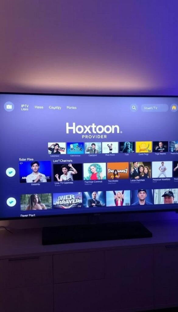 A sleek and modern user interface of the Hoxtoon IPTV service, showcasing a clean and intuitive layout with easy-to-navigate sections. The screen displays a comprehensive library of live TV channels and on-demand content, with vivid thumbnails and clear categorization. The interface is illuminated by soft, ambient lighting, creating a warm and inviting atmosphere. The Hoxtoon Provider logo is prominently displayed, emphasizing the brand's presence. The overall design conveys a sense of professionalism and attention to detail, ensuring a seamless and enjoyable user experience.