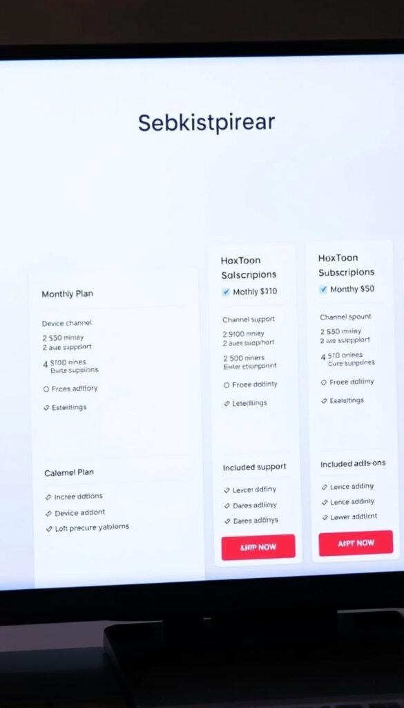 A sleek and modern web interface showcasing the subscription plans offered by the Hoxtoon Provider. The foreground features clean, minimal card designs with the Hoxtoon logo prominently displayed. Each card details the plan name, monthly cost, and key features like channel count, device support, and included add-ons. The middle ground has a subtle grid layout, allowing the plans to be easily compared side-by-side. The background is a crisp, light-colored gradient, giving the entire scene a professional, high-tech atmosphere. The lighting is soft and diffused, accentuating the plan details. The camera angle is slightly elevated, providing an unobstructed view of the subscription offerings.