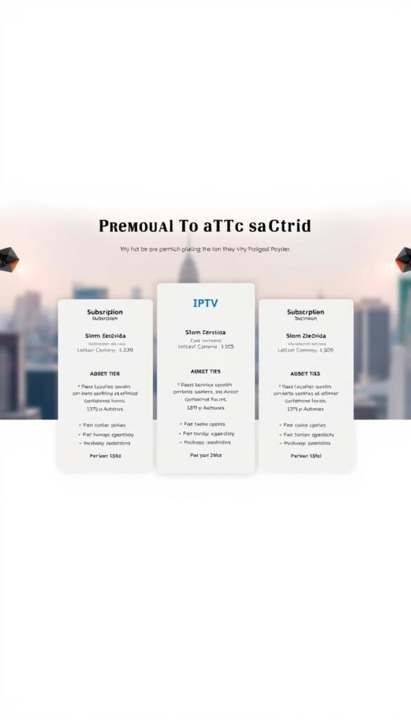 A sleek and modern web page showcasing the premium IPTV subscription plans from Hoxtoon Provider. The page has a clean, minimalist design with a neutral color palette of grays, whites, and blues. In the center, three subscription tiers are displayed prominently, each with a clear description of the features and pricing. The top tier is highlighted, drawing the viewer's attention. The background features a soft, blurred cityscape, suggesting the global reach and entertainment possibilities of the Hoxtoon IPTV service. The overall mood is professional, trustworthy, and high-quality, reflecting the premium nature of the offering. Subtle lighting from the sides casts a warm glow on the subscription details.