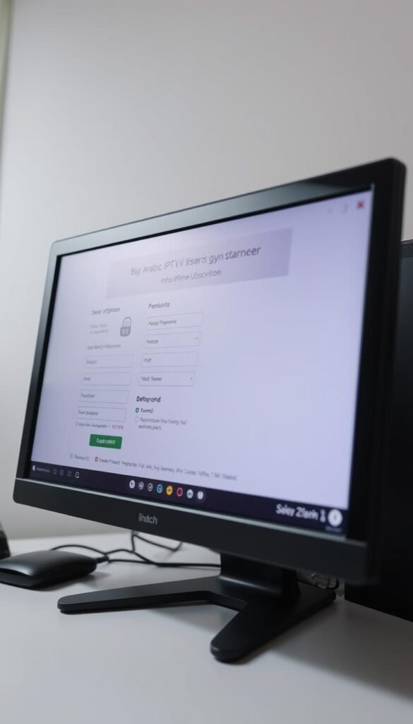 A sleek and professional-looking desktop computer screen displaying the secure payment process for a lifetime subscription to an Arabic IPTV service, provided by the Hoxtoon Provider. The screen shows various input fields for personal information, payment details, and confirmation steps, all presented in a clean and intuitive user interface. The lighting is bright and even, creating a sense of clarity and trustworthiness. The camera angle is slightly elevated, providing a comprehensive view of the payment flow. The overall mood conveys a seamless and reliable subscription experience.