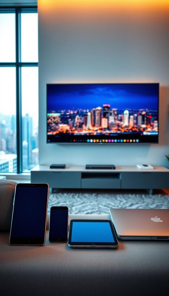 A sleek, contemporary living room with a large television screen prominently displayed. In the foreground, an array of electronic devices including a smartphone, tablet, and laptop are arranged in a visually appealing manner, showcasing the multi-device support of the Hoxtoon Provider platform. The devices are backlit with soft, warm lighting, creating a sense of technological integration and convenience. The middle ground features a minimalist, modern entertainment center, with clean lines and a neutral color palette. In the background, large windows provide natural light and a view of a vibrant cityscape, suggesting the versatility and accessibility of the Hoxtoon Provider service across various settings. The overall composition conveys a sleek, sophisticated, and user-friendly experience for the Hoxtoon Provider platform.