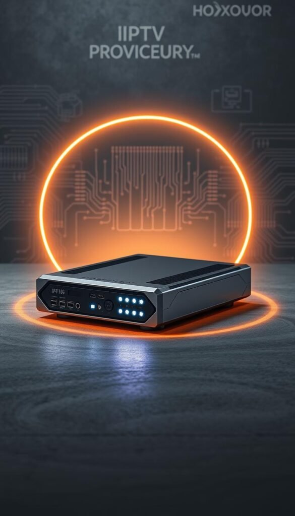 A sleek, futuristic 4K IPTV encoder rests on a minimalist, slate-gray surface, its sharp lines and metallic finish exuding a sense of advanced technology. Bright LED indicators glow softly, illuminating the device's intricate internals. Surrounding the encoder, a halo of warm, directional lighting casts an ethereal glow, drawing the viewer's attention to the heart of the device. In the background, a subtle grid of circuit diagrams and technical schematics suggests the complex engineering behind this "Hoxtoon Provider" innovation, a testament to the evolution of IPTV technology.