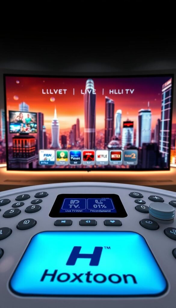 A sleek, futuristic control panel with various interactive buttons and displays showcasing the Hoxtoon Provider's IPTV technology. The foreground features a prominent Hoxtoon Provider logo, with a clean, minimalist design. The middle ground displays a series of live TV channels, video-on-demand menus, and personalization options. The background depicts a futuristic cityscape with skyscrapers and advanced infrastructure, hinting at the ubiquity and connectivity of IPTV. The lighting is a combination of soft, ambient illumination and sharp, directional highlights to emphasize the technological sophistication. The overall mood is one of innovation, integration, and the evolution of television viewing.