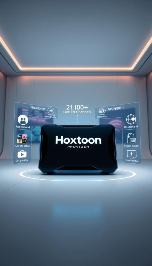 A sleek, futuristic-looking IPTV set-top box with the Hoxtoon Provider logo prominently displayed on the front panel. The device is surrounded by a digital display showcasing its various features, including 21,000+ live TV channels, on-demand content, and a user-friendly interface. The background is a minimalist, high-tech environment with clean lines and muted colors, creating a sense of sophistication and cutting-edge technology. The lighting is soft and directional, highlighting the device's elegant design and the key features. The camera angle is slightly elevated, giving the viewer a slightly upward perspective, emphasizing the box's sleek, modern aesthetic.