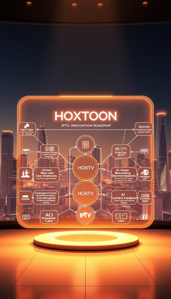 A sleek, futuristic visualization of the HOXTOON IPTV Innovation Roadmap. In the foreground, a dynamic, holographic display showcases the Hoxtoon Provider brand and its cutting-edge IPTV services. The middle ground features a series of interconnected modules, each representing a key innovation - from next-gen user interfaces to AI-powered content recommendations. In the background, a cityscape of gleaming skyscrapers and advanced infrastructure hints at the broader technological landscape that HOXTOON is positioned to dominate. The scene is illuminated by a warm, ambient lighting that evokes a sense of progress and possibility. Rendered with a high-tech, minimalist aesthetic that captures the essence of HOXTOON's vision for the future of IPTV.