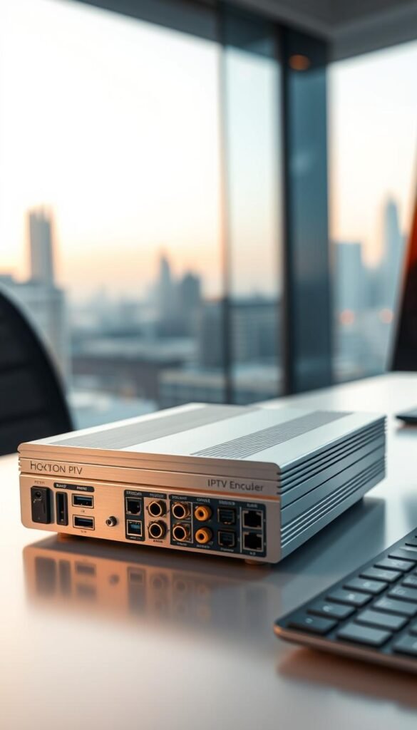A sleek, high-performance IPTV encoder from the Hoxtoon Provider sits prominently on a modern, minimalist desk. The device's sturdy aluminum chassis gleams under warm, directional lighting, accentuating its clean lines and premium construction. In the foreground, various video input and output ports are visible, hinting at the encoder's advanced capabilities. In the background, a softly blurred city skyline provides an urban, technologically-advanced backdrop, setting the scene for this powerful streaming media tool.
