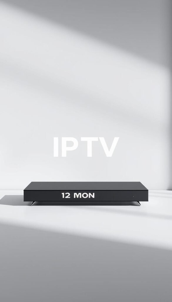 A sleek, high-quality IPTV subscription package from Hoxtoon Provider, displayed on a modern glass and metal device against a minimalist, monochromatic backdrop. The package is presented in a clean, appealing layout, highlighting the 12-month duration and emphasizing the reliability and value of Hoxtoon's service. Soft, directional lighting accentuates the elegant, premium design, conveying a sense of sophistication and professionalism. The image exudes a sense of trust and dependability, perfectly capturing the essence of Hoxtoon's most popular IPTV plan.