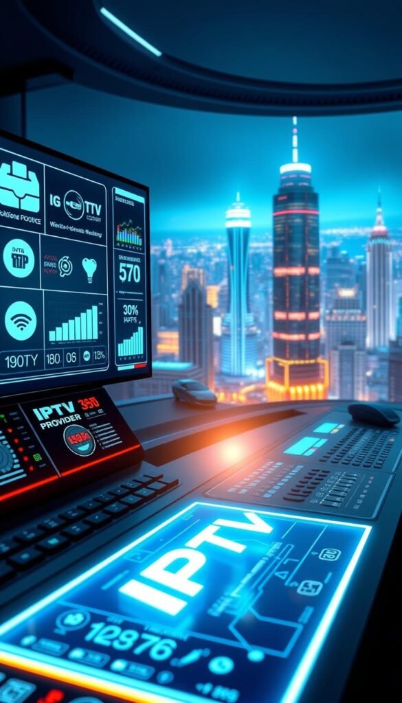 A sleek, high-tech IPTV control panel with futuristic interfaces and holographic displays. In the foreground, the Hoxtoon Provider logo shines brightly, showcasing its advanced features and capabilities. The middle ground features a variety of IPTV-related icons, graphs, and statistical data, illustrating the industry's growth and emerging trends. The background depicts a cityscape of skyscrapers and a vibrant, neon-lit nightscape, hinting at the ubiquity and integration of IPTV services in modern urban living. The overall scene is bathed in a cool, futuristic color palette, with a cinematic lighting setup that creates a sense of depth and drama.