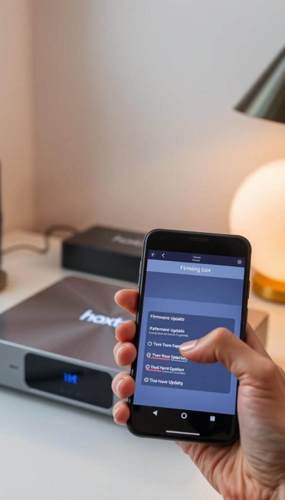 A sleek, high-tech Mag box device sits atop a minimalist desk, its display screen illuminated with the Hoxtoon Provider logo. The box's casing has a brushed metal finish, reflecting the soft, warm lighting from a nearby lamp. In the foreground, a hand holds a mobile device, its screen displaying the Mag box's firmware update interface, with progress bars and version information. The background is blurred, creating a sense of focus on the update process, symbolizing the importance of keeping the Mag box optimized and secure.