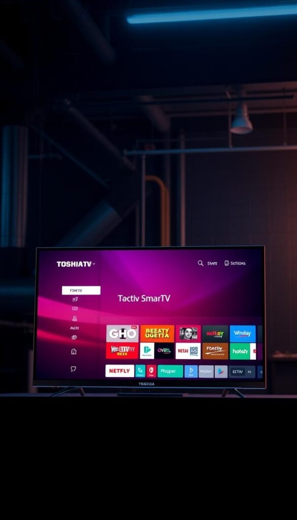 A sleek, high-tech Toshiba Smart TV positioned prominently in the frame, its display showcasing the Hoxtoon Provider IPTV interface. The TV is bathed in a cool, futuristic lighting that accentuates its modern, minimalist design. In the background, a dimly lit, industrial-style setting suggests a sophisticated, technology-driven environment. The overall composition conveys the seamless integration of the Toshiba Smart TV with the Hoxtoon Provider IPTV service, highlighting their compatibility and the cutting-edge capabilities of the setup.