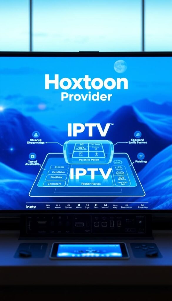 A sleek, high-tech control panel displaying the Hoxtoon Provider logo, showcasing the various features and capabilities of IPTV technology. The panel is illuminated by a soft blue glow, creating a futuristic and professional atmosphere. In the foreground, a 3D holographic interface presents detailed information about IPTV, including real-time data on streaming, channel availability, and network performance. The middle ground features various input/output ports and connectivity options, while the background depicts a abstract, digital landscape hinting at the expansive nature of the IPTV ecosystem.