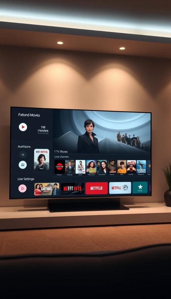 A sleek, intuitive interface for the Hoxtoon Provider IPTV service. A modern, minimalist design with clean lines and a focus on user-friendly navigation. The main screen features a large hero video or a carousel of featured content, surrounded by neatly organized tiles for movies, TV shows, live channels, and user settings. Soft, indirect lighting illuminates the interface, creating a warm, inviting atmosphere. The layout is optimized for both desktop and mobile devices, with a responsive design that adjusts seamlessly. High-definition video previews and crisp iconography provide an immersive, visually-appealing experience.