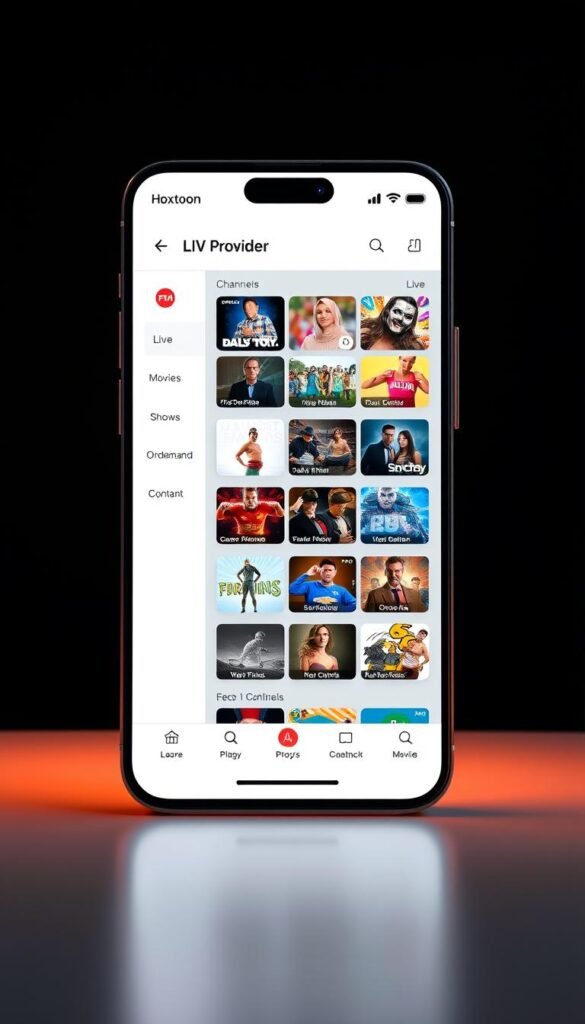 A sleek, intuitive interface of the Hoxtoon Provider app, showcasing a clean, minimalist design with a focus on user experience. The main screen displays a grid of live TV channels, each with a thumbnail preview, accompanied by a sidebar menu for easy navigation. The interface is bathed in a warm, soft lighting, creating a calming atmosphere. The app's layout is well-organized, with clear sections for different content types, such as movies, shows, and on-demand content. The overall impression is one of sophistication and user-friendliness, reflecting the high-quality service offered by the Hoxtoon Provider.
