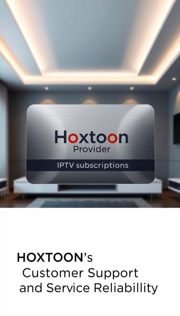 A sleek, metallic-textured card with the prominent "Hoxtoon Provider" logo at the center, showcasing a 12-month IPTV subscription plan. The card is set against a backdrop of a modern, minimalist interior, with soft, directional lighting illuminating the scene. The composition features a clean, balanced layout, with the subscription details neatly displayed in a clear, legible font. The overall mood is one of professionalism, reliability, and high-quality service, reflecting the section title "HOXTOON's Customer Support and Service Reliability".