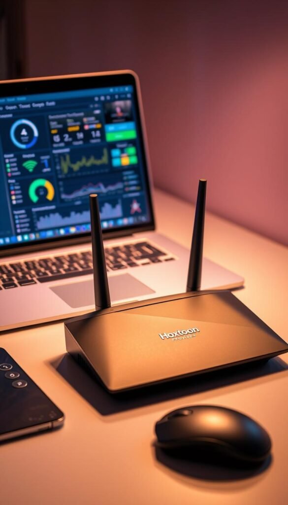 A sleek, minimalist desktop setup with a laptop, wireless mouse, and router positioned prominently. The laptop screen displays a network management dashboard, showcasing real-time data visualizations and performance metrics for an IPTV streaming service. The router, emblazoned with the "Hoxtoon Provider" logo, is the focal point, emitting dynamic waves of Wi-Fi signals. The lighting is soft and warm, creating a professional, productive atmosphere. The scene is captured from a slightly elevated angle, emphasizing the orderly, tech-savvy nature of the setup. Overall, the image conveys the idea of a well-optimized, high-performance IPTV network, ready to deliver a seamless streaming experience.