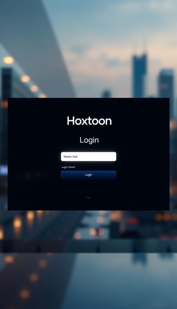 A sleek, minimalist login screen for the Hoxtoon Provider IPTV service. The interface features a clean, dark-themed design with a centered login box. The Hoxtoon logo is prominently displayed at the top, subtly illuminating the screen. The login fields have a soft, glowing highlight, inviting the user to input their credentials. The background is a serene, blurred cityscape, suggesting a premium, high-quality streaming experience. Soft, directional lighting casts a warm, ambient glow, creating a sense of professionalism and sophistication. The entire scene is captured from a slightly elevated, center-framed perspective, giving the image a polished, editorial feel.