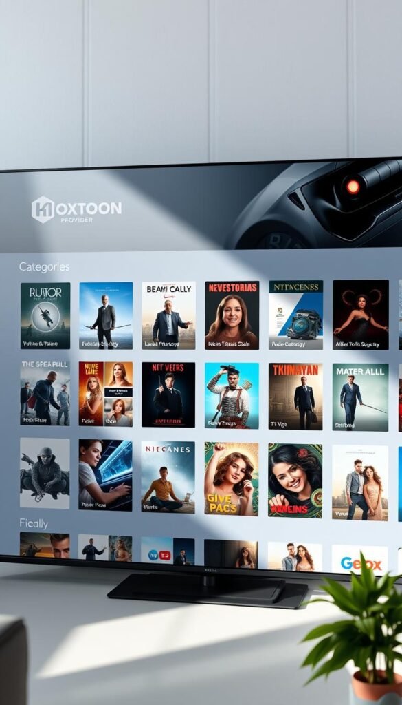 A sleek, minimalist user interface for the Hoxtoon IPTV service, featuring a clean grid layout showcasing popular content categories. The interface is bathed in a soft, cool-toned color palette with subtle accent colors, creating a modern and inviting aesthetic. The layout seamlessly integrates the Hoxtoon Provider branding, with a prominent logo in the top-left corner. High-definition thumbnails of various movies, TV shows, and live channels occupy the main viewing area, hinting at the breadth of content available. The interface is illuminated by natural, diffused lighting, giving it a warm, cinematic feel. The overall impression is one of an intuitive, visually striking platform that prioritizes user experience and content discovery.