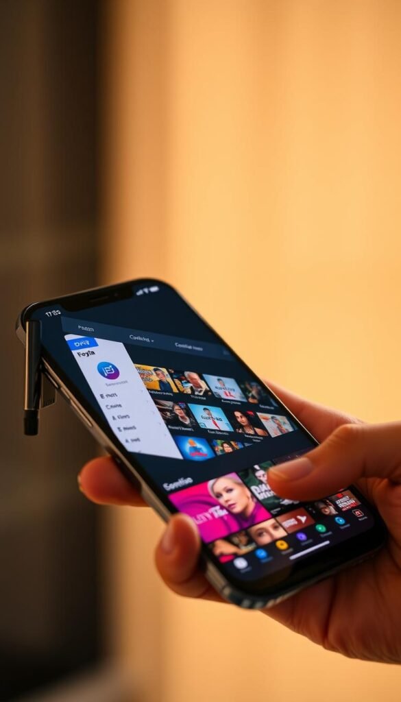 A sleek mobile device with the Hoxtoon Provider logo prominently displayed, showcasing the Dream Player IPTV premium APK download interface. The screen depicts a clean and intuitive user experience, with various content categories and live channel options. The device is held in a hand against a blurred background, emphasizing the seamless integration of the app. The lighting is soft and warm, creating a inviting and premium atmosphere. The composition emphasizes the device and the app, drawing the viewer's attention to the key elements of the scene.