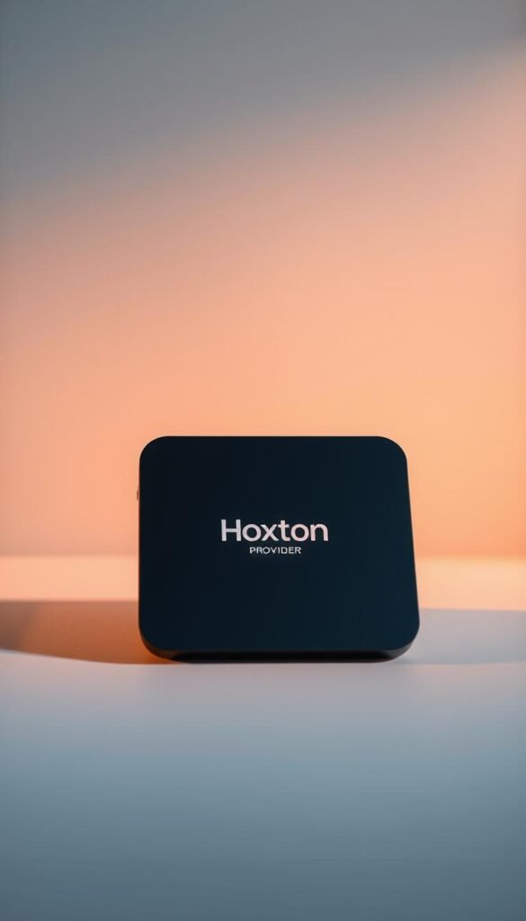 A sleek, modern 4K IPTV box with the Hoxtoon Provider logo prominently displayed on the front panel. The device sits atop a clean, minimalist surface, casting a soft, even shadow. Warm, directional lighting accentuates the sharp lines and premium matte finish, giving the box a sense of sophistication and high-end quality. In the background, a simple, blurred gradient in shades of blue and gray creates a sense of depth and emphasizes the box's central position. The overall composition conveys the multi-device streaming capabilities of the Hoxtoon IPTV service, showcasing the box's versatility and seamless integration into a modern home entertainment setup.