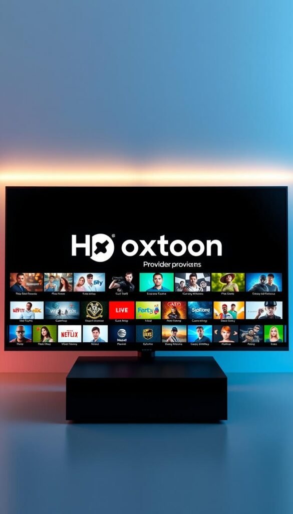 A sleek, modern 4K IPTV interface with a Hoxtoon Provider logo prominently displayed. The screen is filled with a grid of vibrant channel icons, each representing a high-quality 4K content stream. The layout is clean and intuitive, with a focus on ease of navigation. Soft, directional lighting illuminates the scene, creating a sense of depth and atmosphere. The interface is rendered in a minimalist, high-contrast style, with a cool color palette that conveys a sense of professionalism and premium quality. The overall impression is one of a cutting-edge, user-friendly 4K IPTV experience.