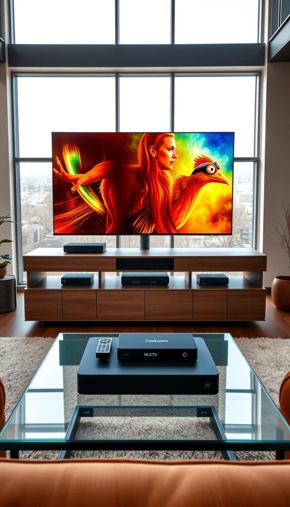 A sleek, modern 4K IPTV setup showcasing the Hoxtoon Provider brand. The scene depicts a spacious living room with floor-to-ceiling windows, allowing natural light to flood the space. In the center, a large flatscreen TV displays a vibrant, crystal-clear 4K image, surrounded by a minimalist entertainment system. On the coffee table, a remote control and a Hoxtoon Provider set-top box sit neatly, hinting at the advanced technology powering the experience. The room is decorated with warm, earthy tones and subtle industrial accents, creating a sophisticated and inviting atmosphere. The overall composition emphasizes the quality, reliability, and user-friendly nature of the Hoxtoon Provider 4K IPTV solution.
