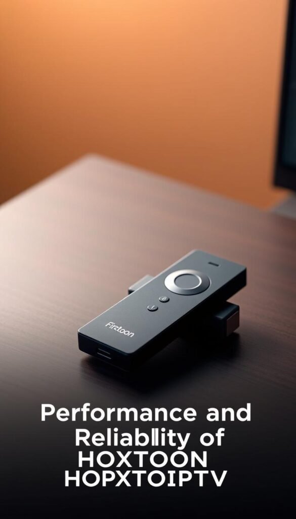 A sleek, modern Firestick device resting on a dark wood surface, its rectangular frame and discreet Hoxtoon Provider logo prominently displayed. The device is set against a soft, muted background, creating a sense of minimalist elegance. Warm, diffused lighting gently illuminates the scene, casting subtle shadows and highlights that accentuate the Firestick's clean lines and premium construction. The overall atmosphere conveys a high-quality, reliable, and user-friendly IPTV experience, perfectly complementing the section title "Performance and Reliability of HOXTOON IPTV".