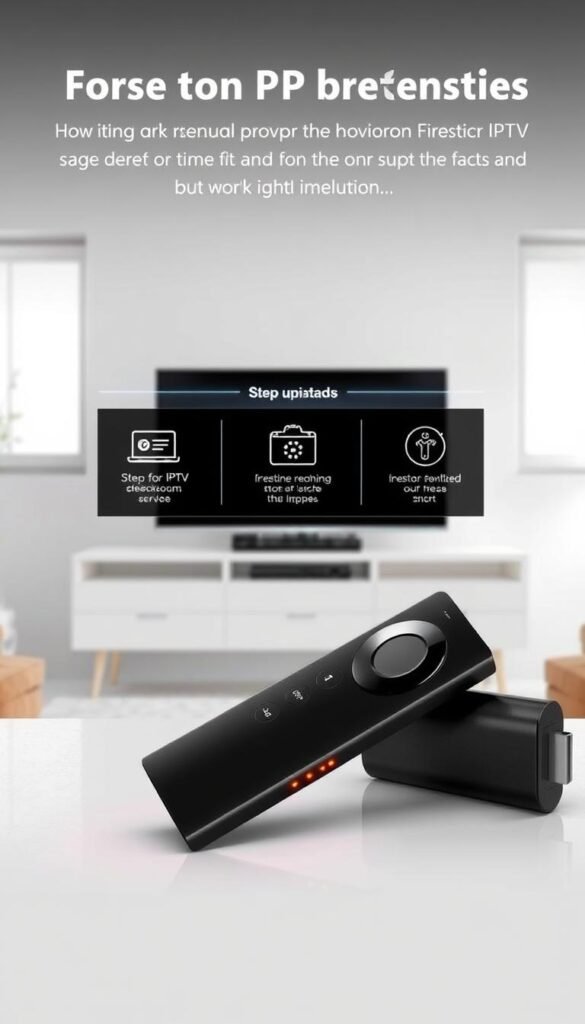A sleek, modern Firestick device sits prominently in the foreground, its glowing LED indicators casting a warm, inviting glow. In the middle ground, a series of step-by-step instructions unfold, guiding the user through the installation process of the Hoxtoon Provider IPTV service. The background features a clean, minimalist living room setting, with a large, flat-screen TV visible, ready to display the Hoxtoon interface. The lighting is soft and natural, creating a sense of ease and simplicity. The overall composition conveys a straightforward, user-friendly experience for setting up the Hoxtoon IPTV solution on a Firestick.
