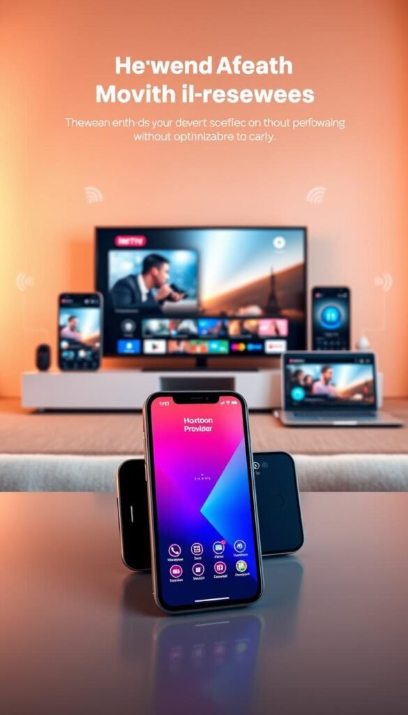 A sleek, modern IPTV app interface showcasing seamless multi-device support. In the foreground, a smartphone and tablet display the Hoxtoon Provider app, their screens reflecting the vibrant, optimized user experience. The middle ground features additional devices like a laptop and smart TV, all connected and streaming content without buffering. The background subtly highlights technical elements like network cables, signal waves, and performance metrics to convey the app's optimization and reliability. Warm, soft lighting creates a polished, professional atmosphere, while a clean, minimalist design emphasizes the app's efficient performance across various platforms.