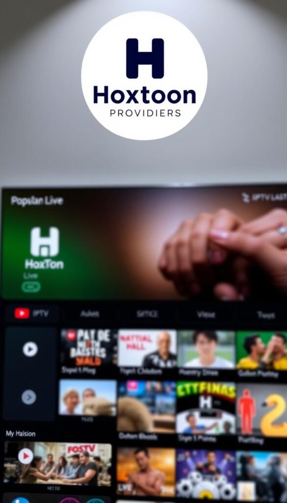 A sleek, modern IPTV app interface with the Hoxtoon Provider logo prominently displayed. The app showcases high-definition channels in a clean, intuitive layout. The foreground features the app's main menu, with vivid icons for different channel categories. The middle ground presents a selection of popular live TV channels, each with a clear thumbnail preview. The background subtly blurs to draw the viewer's attention to the app's features. Lighting is soft and even, with a professional, polished appearance. The overall mood is one of sophistication and reliability, reflecting the premium IPTV service.