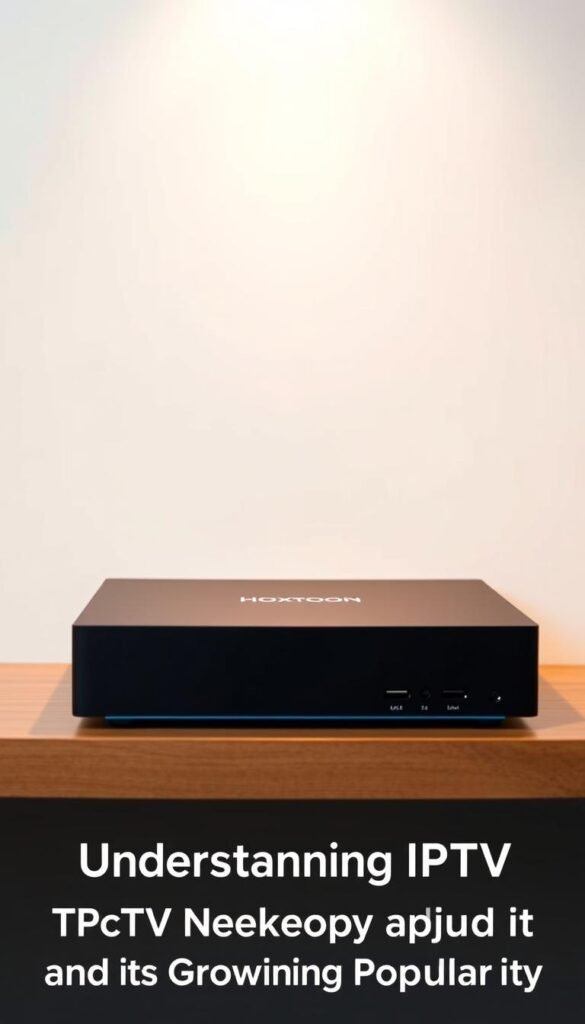 A sleek, modern IPTV box for Hoxtoon Provider streaming services. The device is placed on a minimalist wooden shelf against a clean, white backdrop, illuminated by warm, soft lighting from above. The box has a matte black finish, with sharp edges and a simple, uncluttered design. The front panel features the Hoxtoon Provider logo, while the sides showcase the various input and output ports. The scene conveys a sense of sophistication and technological prowess, perfectly suited for the "Understanding IPTV Technology and Its Growing Popularity" section of the article.