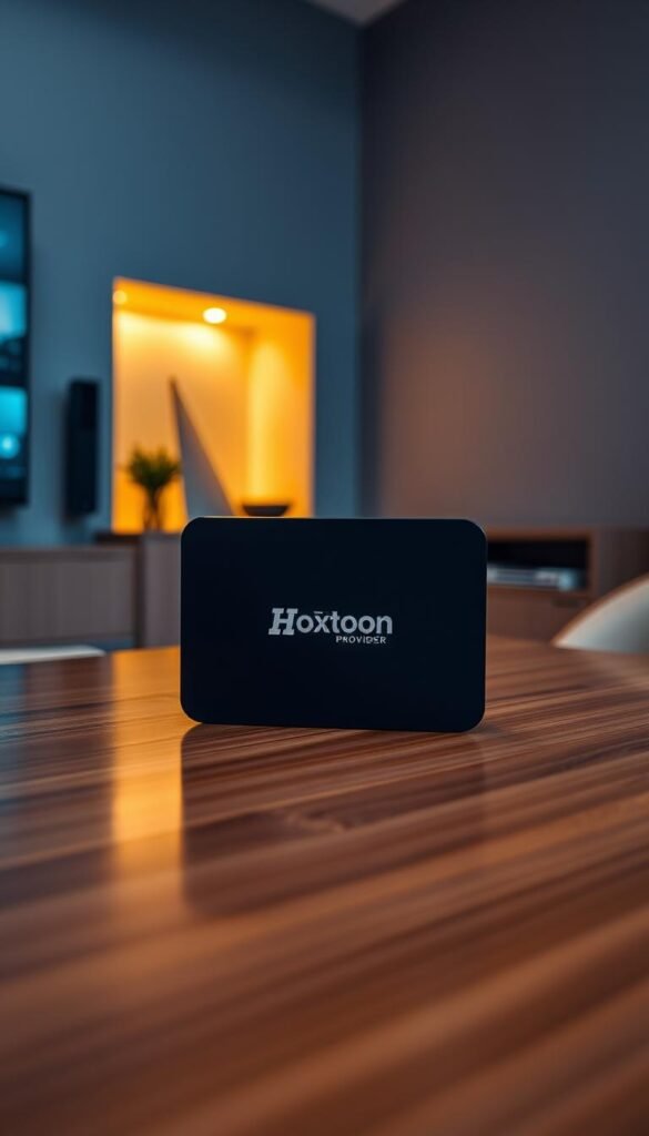A sleek, modern IPTV box sits atop a polished wooden surface, its matte black exterior contrasting with the warm, ambient lighting that casts a soft glow across the scene. The Hoxtoon Provider logo is prominently displayed on the front panel, exuding a sense of quality and reliability. The box is surrounded by a minimalist, high-tech environment, with clean lines and subtle technological accents, hinting at the endless entertainment possibilities it offers. The composition emphasizes the box's simplicity and accessibility, suggesting a seamless integration into any living space, ready to replace traditional cable and satellite subscriptions.