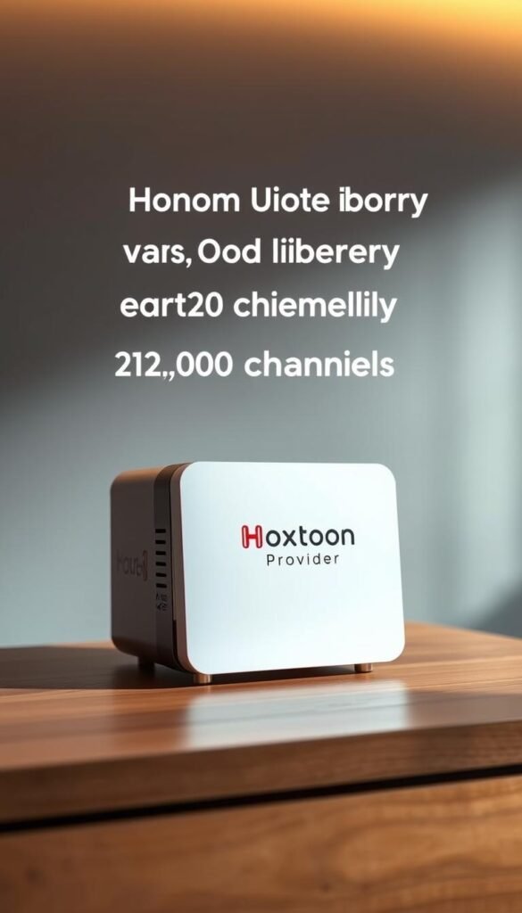 A sleek, modern IPTV box sits atop a wooden surface, showcasing the Hoxtoon Provider logo prominently displayed on its front panel. The box is surrounded by a minimalist, well-lit environment, with soft, warm lighting accentuating its clean, rectangular design. The background features a subtle gradient, creating a sense of depth and focus on the device. The scene evokes a sense of premium quality and effortless access to a vast, curated library of over 21,000 channels, reflecting the extensive content available through the Hoxtoon Provider service.