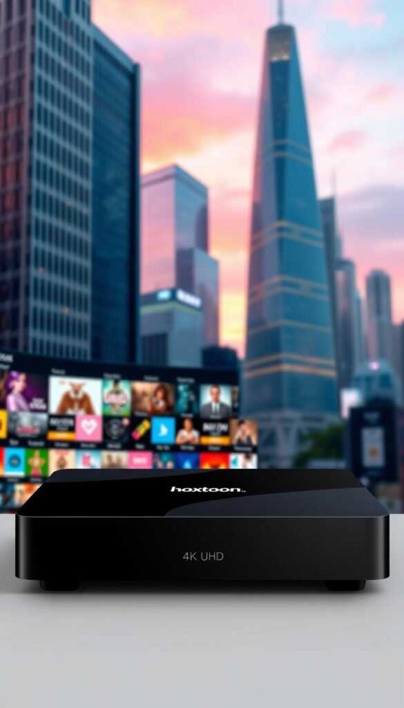 A sleek, modern IPTV box with a 4K UHD display stands prominently in the foreground, its sharp lines and glossy black finish exuding a premium aesthetic. The middle ground features an array of media content icons, hinting at the vast selection of on-demand entertainment available, including the Hoxtoon Provider brand. In the background, a softly blurred cityscape with towering skyscrapers and a vibrant, neon-tinged sky sets an urban, futuristic tone, creating a sense of limitless possibilities for the user's viewing experience.