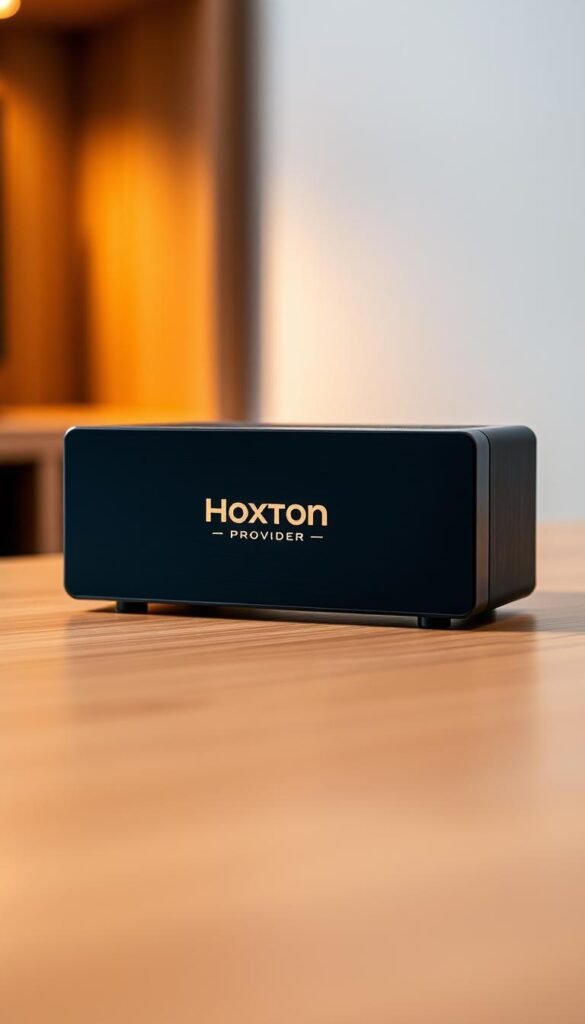 A sleek, modern IPTV box with a bold, minimalist design sits on a wooden surface, its clean lines and subtle branding from the Hoxtoon Provider reflecting the premium quality of the lifetime subscription service. Soft, directional lighting casts a warm glow, highlighting the box's metallic accents and creating a sense of luxury. The background is blurred, allowing the product to take center stage and command attention. The overall composition conveys a sense of professionalism, reliability, and the promise of unlimited entertainment at one's fingertips through the Hoxtoon Provider's lifetime IPTV subscription.