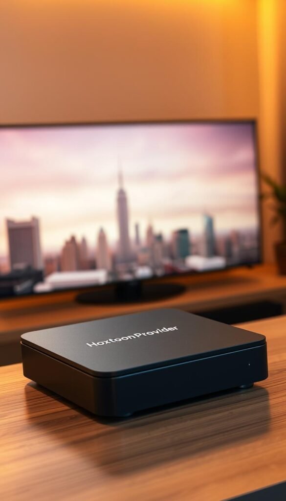 A sleek, modern IPTV box with a prominent "Hoxtoon Provider" logo sits atop a wooden surface, bathed in warm, soft lighting. The box features a minimalist design with clean lines and a matte black finish, complemented by discreet silver accents. The screen displays a crisp, 4K resolution image, showcasing the device's advanced capabilities. In the background, a blurred city skyline suggests the box's versatility in providing a wide range of digital entertainment options. The overall scene conveys a sense of sophistication and technological prowess, hinting at the exceptional IPTV experience the Hoxtoon Provider box can deliver.