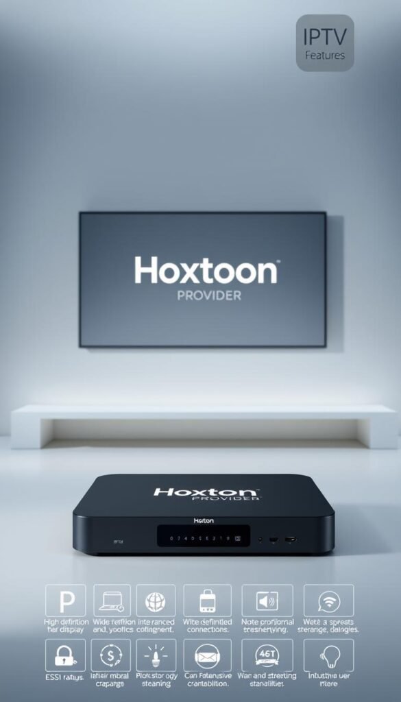 A sleek, modern IPTV box with the Hoxtoon Provider brand prominently displayed. The box is set against a minimalist, high-tech backdrop, with a soft, diffuse lighting creating a sense of sophistication. In the foreground, the key features of the box are showcased, including a high-definition display, a wide range of connectivity options, and advanced streaming capabilities. The middle ground features intuitive user interface elements, highlighting the box's intuitive usability and seamless navigation. In the background, a subtle pattern or texture adds depth and visual interest, creating an overall premium, high-quality aesthetic.