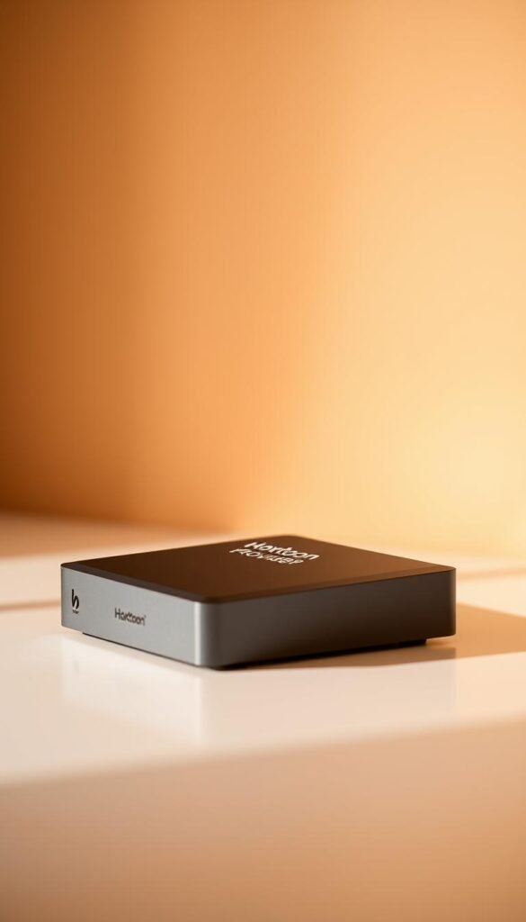 A sleek, modern IPTV box with the Hoxtoon Provider logo prominently displayed on the device. The box is presented in a well-lit, minimalist setting, showcasing its clean, angular design and premium finish. The background is a soft, neutral tone, allowing the device to take center stage. The lighting is warm and diffused, creating a sense of sophistication and high-quality performance. The camera angle is slightly elevated, giving the impression of a professional, product-focused shot. The overall mood is one of reliability, technology, and an exceptional streaming experience.