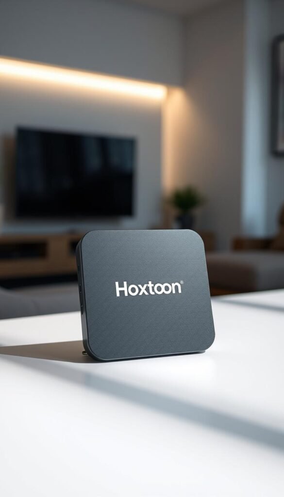 A sleek, modern IPTV box with the Hoxtoon Provider logo prominently displayed on the front panel. The box is situated on a minimalist, white surface, casting a subtle shadow. Soft, directional lighting illuminates the device, highlighting its clean lines and minimalist design. In the background, a blurred, out-of-focus living room setting suggests the box's intended use for home entertainment and streaming. The image conveys a sense of simplicity, quality, and the versatility of the Hoxtoon Provider IPTV box.