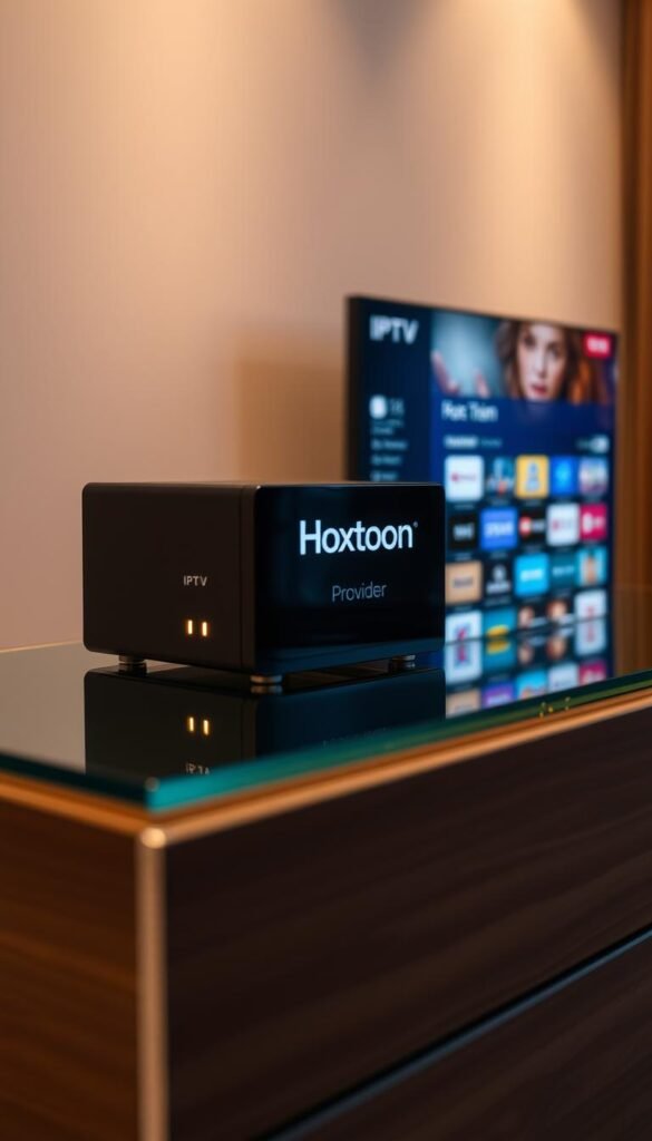 A sleek, modern IPTV box with the Hoxtoon Provider logo prominently displayed on the front panel. The device sits on a minimalist glass or wood media console, casting a subtle glow from the soft LED indicators. The user interface is elegantly designed, with intuitive navigation controls and a vibrant, high-definition display showcasing a diverse selection of premium channels. The scene is bathed in warm, directional lighting, creating depth and highlighting the box's premium materials and finish. The overall atmosphere conveys a sense of sophistication and technology-driven entertainment.
