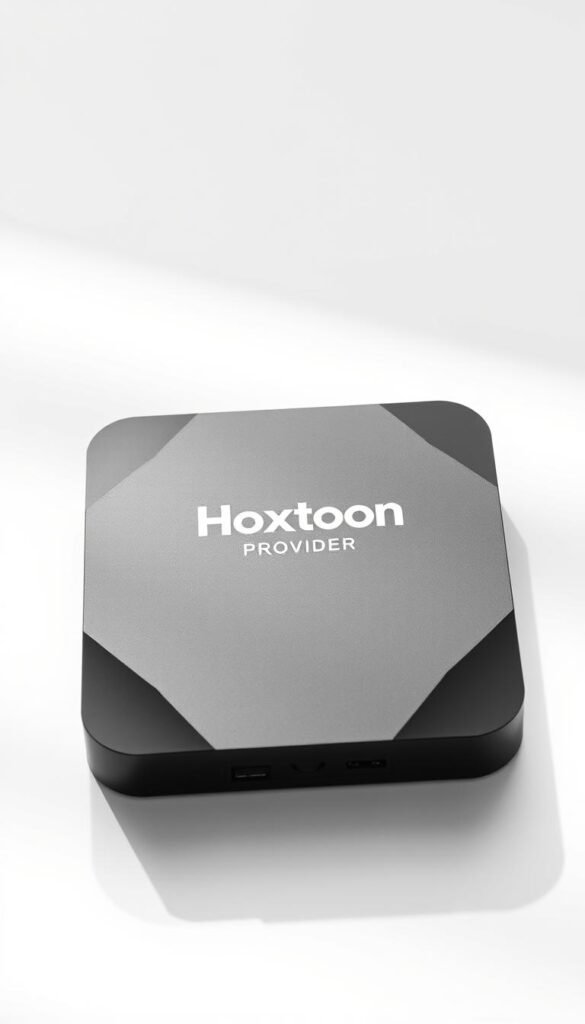 A sleek, modern IPTV box with the Hoxtoon Provider logo prominently displayed on the front panel. The box is placed on a minimalist, white background, casting subtle shadows that add depth and dimension. The device features clean, angular lines and a matte black finish, conveying a sense of sophistication and high-tech functionality. Soft, directional lighting illuminates the box, creating highlights that accentuate its premium design. The overall composition is well-balanced, with the IPTV box taking center stage, ready to be showcased as a versatile, multi-device compatible streaming solution.