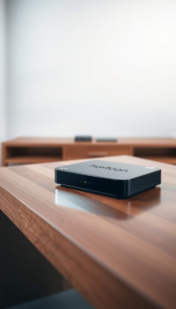 A sleek, modern IPTV box with the Hoxtoon Provider logo prominently displayed, sitting on a minimalist wooden table. The box has a clean, glossy black finish, with subtle silver accents that catch the light. In the background, a simple, uncluttered wall creates a sense of focus and serenity. The lighting is soft and diffused, creating a warm, inviting atmosphere. The angle of the shot highlights the box's elegant design, showcasing its seamless integration of form and function. The overall composition conveys a sense of quality, reliability, and the promise of unlimited access to a vast array of TV channels and entertainment options.