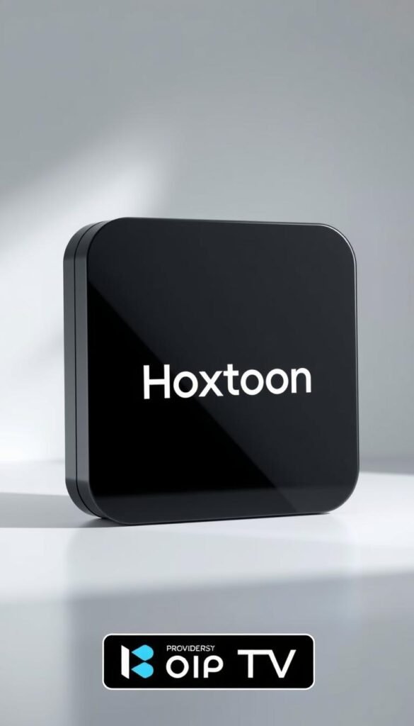 A sleek, modern IPTV box with the Hoxtoon Provider logo prominently displayed. The box is set against a clean, minimalist background, with subtle highlights and shadows that give it a sense of depth and dimensionality. The box itself has a glossy, premium finish, with clean lines and a streamlined design that suggests high-end technology. The image conveys a sense of quality, reliability, and cutting-edge features that would appeal to the target audience for the Hoxtoon IPTV service.
