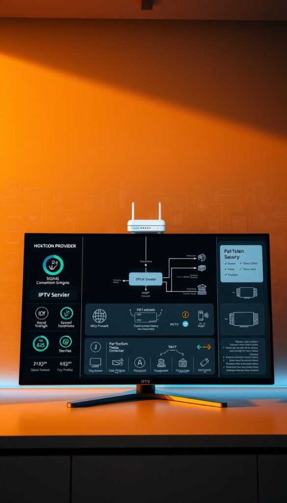 A sleek, modern IPTV dashboard displaying the technical requirements for an optimal viewing experience. In the foreground, a high-resolution monitor showcases various signal strength, connection status, and device compatibility icons. The middle ground features a detailed schematic of the IPTV setup, including the Hoxtoon Provider network, router, and connected devices. The background subtly blends technical schematics, circuit diagrams, and data visualizations, creating a cohesive, tech-savvy atmosphere. Warm, directional lighting emphasizes the clean lines and minimalist design, conveying a sense of efficiency and professionalism.