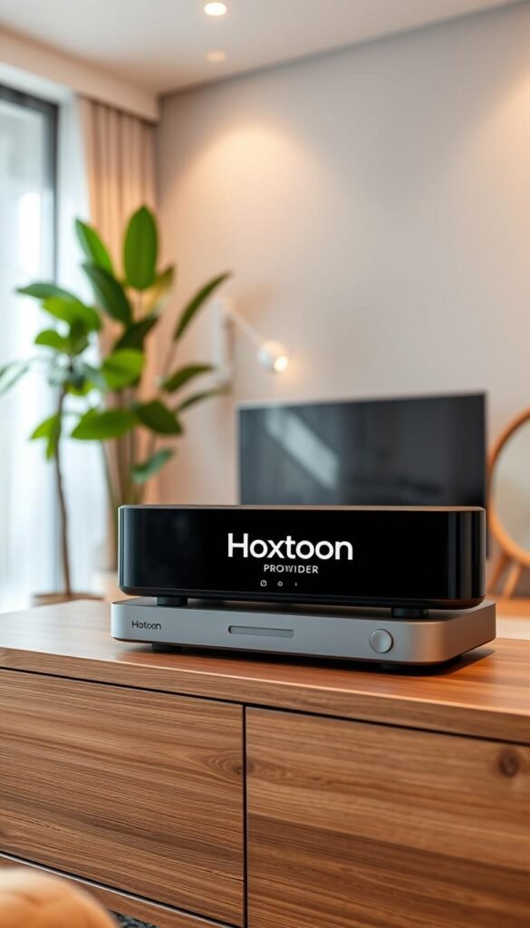 A sleek, modern IPTV device displaying the Hoxtoon Provider logo, set against a backdrop of a cozy living room. The device sits atop a minimalist wooden entertainment center, surrounded by lush indoor plants and soft, diffused lighting. The room exudes a sense of comfort and relaxation, hinting at the premium viewing experience the Hoxtoon IPTV account provides. The image conveys a high-quality, reliable, and user-friendly streaming service that elevates the home entertainment experience.